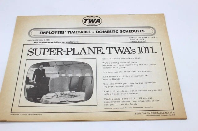 TWA Trans World Airlines Employees' Domestic Timetable  June 14, 1974 Last One