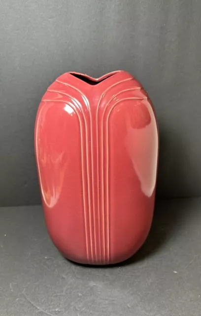 Vintage Art Deco Maroon Ceramic Pottery Vase Japan 10.5x6x3” Crazing