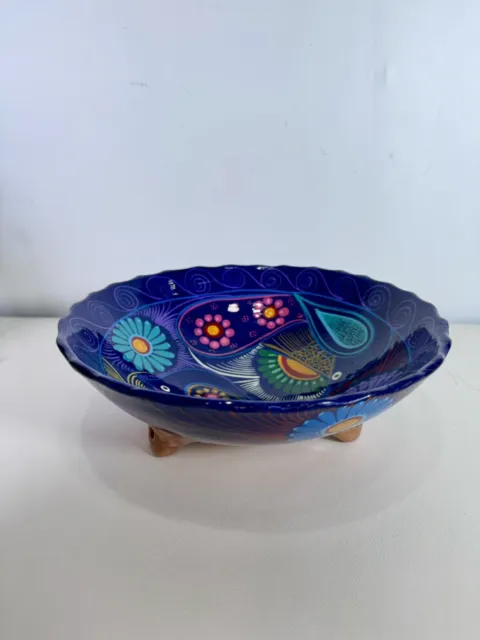 Mexican Folk Art Bowl 3 Legged Multi Color Purple Flowers Floral Vintage Glazed