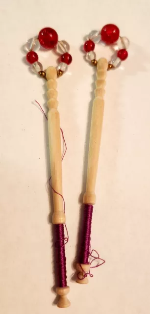 Set of 2 Carved Wood Spangled Lace Bobbins with Glass Beads