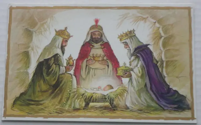 UNUSED Vintage Gold Trim Christmas Card THREE KINGS BRING GIFTS TO BABY JESUS