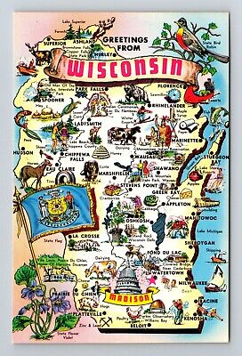 Greetings From Wisconsin, State Map State Flag Vintage Postcard