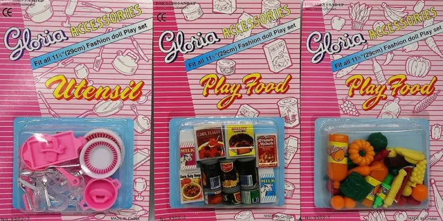 3SET Gloria Accessories Barbie Size Dollhouse Plate Utensils Canned Vegies Fruit