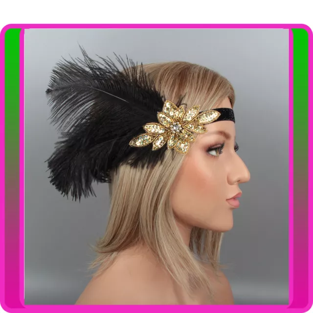 1920s Headband Black Feather Gold Bridal Great Gatsby 20s 20's Flapper Headpiece