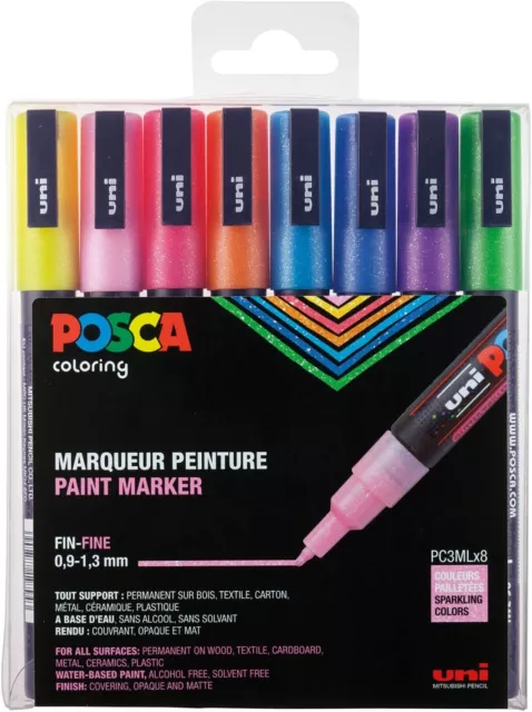 uni-ball 186513 - POSCA Marker mit feiner Rundspitze, 8er Set, Glitter