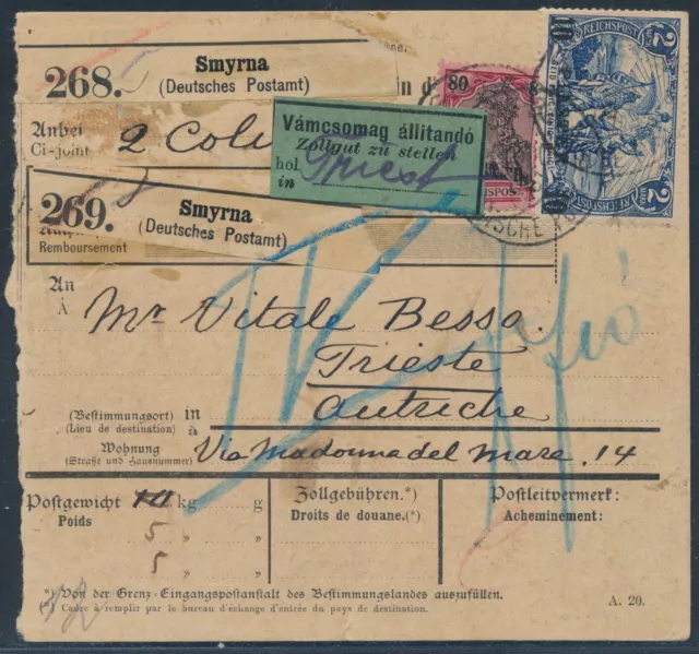 DP Türkei 14 Piaster Reichspost MiF Paketkarte nach Triest 1904 Attest (S16968)