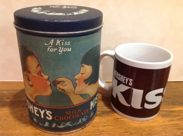 Hershey’s Kisses Coffee Cup Mug 1980 Vintage Tin A Kiss for You Canister Lot of2