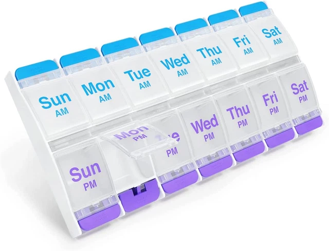 Caja de píldoras EZY DOSIS, organizador de píldoras con compartimentos diarios 2 veces al día, fácil 7