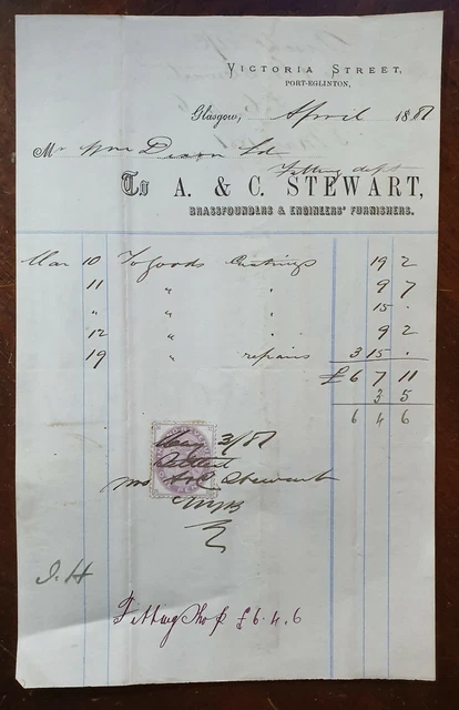1881 A & C Stewart, Brassfounder, Victoria St, Port Eglinton, Glasgow Invoice