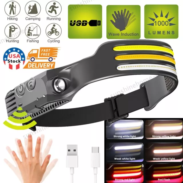 COB LED Headlamp USB Rechargeable Headlight Torch Bar Head Band Lamp Work Light