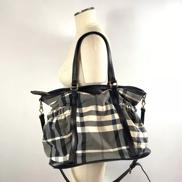 Burberry Baby Diaper Bag Nylon Nova Tote Check Black Patent Leather Gray White