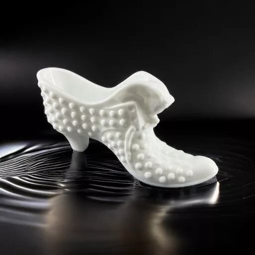 Vintage Fenton White Hobnail Milk Glass Cat Head Victorian Shoe Slipper Boot