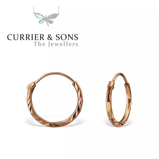 14ct Rose Gold-Plated 925 Sterling Silver 12mm Diamond Cut Hoop Earrings (Pair)