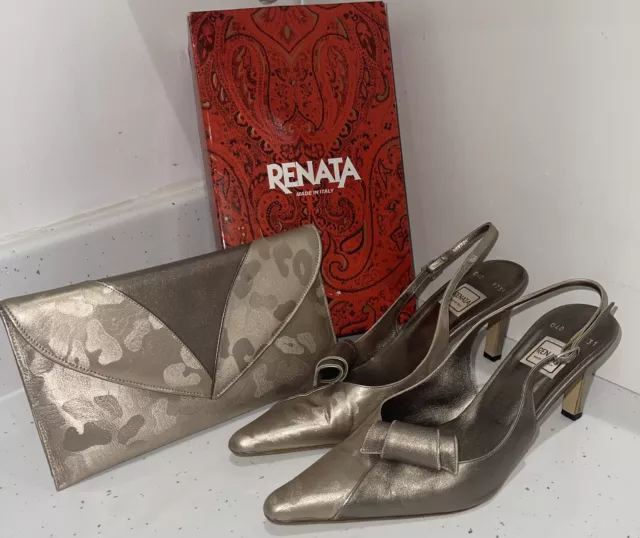 Italian “Renata” Bronze Slingback  Leather Shoes UK 6.5  40 & Clutch Bag Wedding