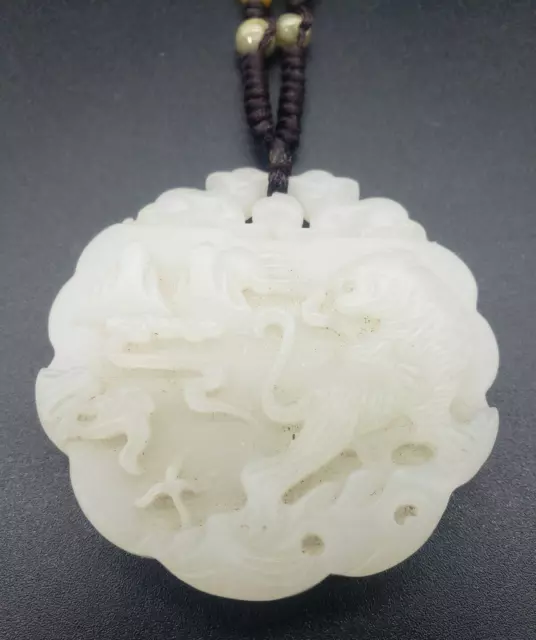 Large White Jadeite Jade Tiger Chinese Zodiac-Carved Pendant Adjustable Necklace