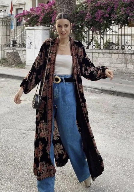 ZARA KIMONO DONNA Semi-Velato Con Bordi In Velluto A Contrasto