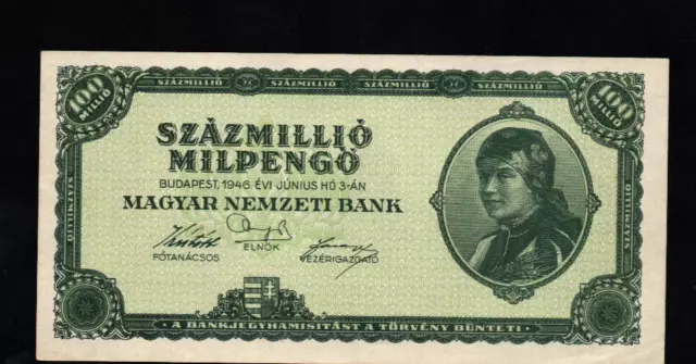 100 000 000 Milpengo Aunc-Ef  Crisp Banknote From  Hungary 1946 Pick-130  Rare