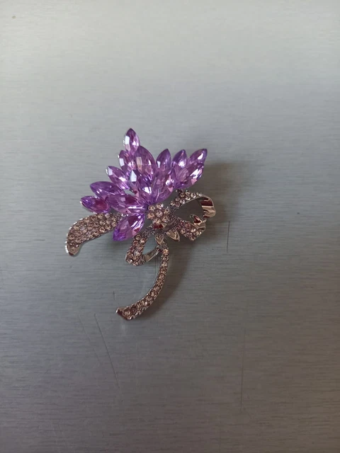 Broche Colibri Métal Argenté Strass Et Fleur – Bijou Vintage