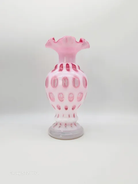 Vintage Fenton 9" Cranberry Pink Opalescent Ruffled Edge Coin Dot Glass Vase !!