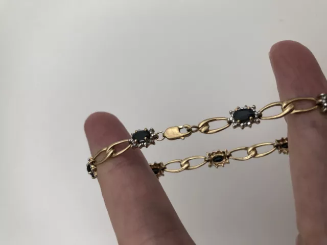 Vintage 9ct Yellow Gold Dark Sapphire Diamond Flower Cluster Link Bracelet 5.3g 3