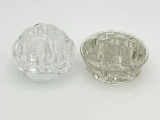 Set Of 2 Floral Frogs Vintage Clear Glass Flower Holder 3” Round Domed 11 Holes