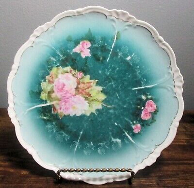 Antique MZ AUSTRIA Hand Painted DECORATIVE PLATE, 8 1/4" ~ Scalloped, Pink Roses