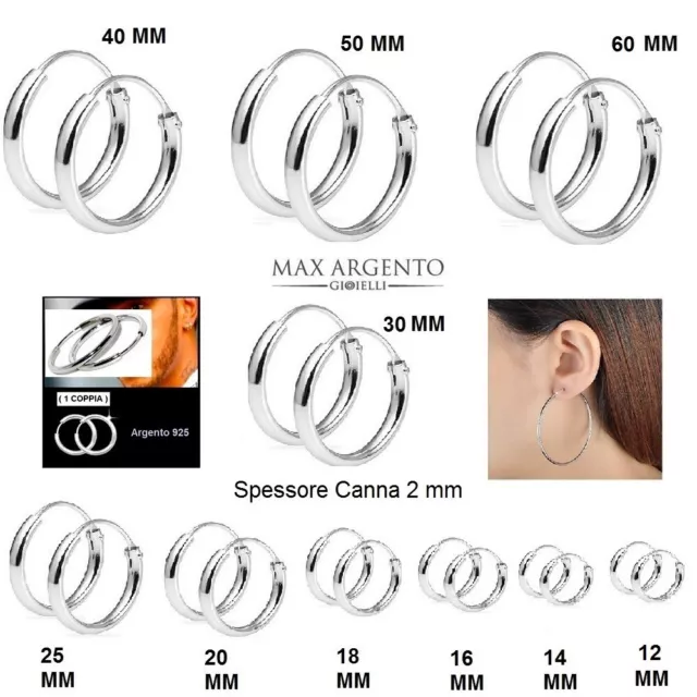 Orecchini a Cerchio Cerchietto Argento 925% Uomo Donna Misura 2mm x 12 a 30mm 2