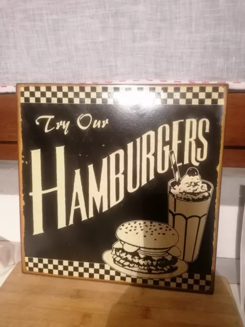 Insegna Metallo Vintage 50s Try Our Hamburgers