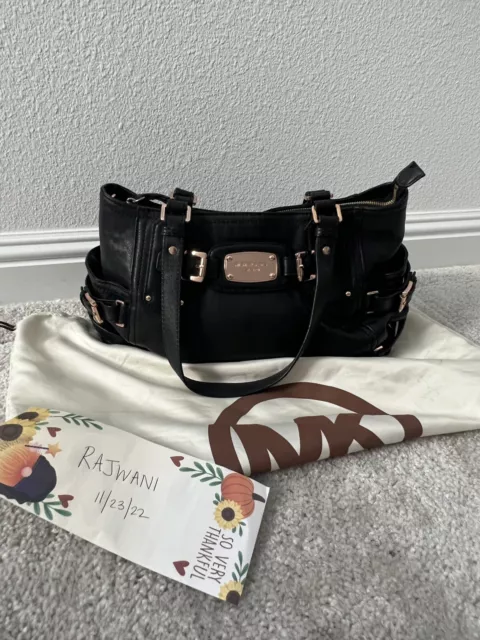 Michael Kors Rose Gold Hardware Black Leather Shoulder Bag Tote Purse