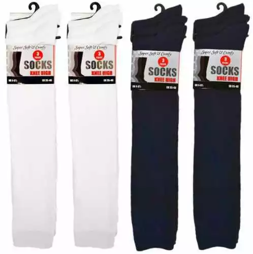Girls Soft & Comfy Knee High School Socks 3 Pairs 4-6, EU 35-40 Black White Navy