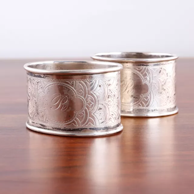 2 Large American Aesthetic Coin Silver Napkin Rings Engine Turned Monogram R