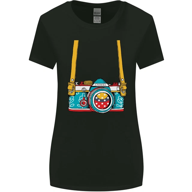 Fotografia Fotocamera Intorno Collo Donna più Ampia Taglio T-Shirt