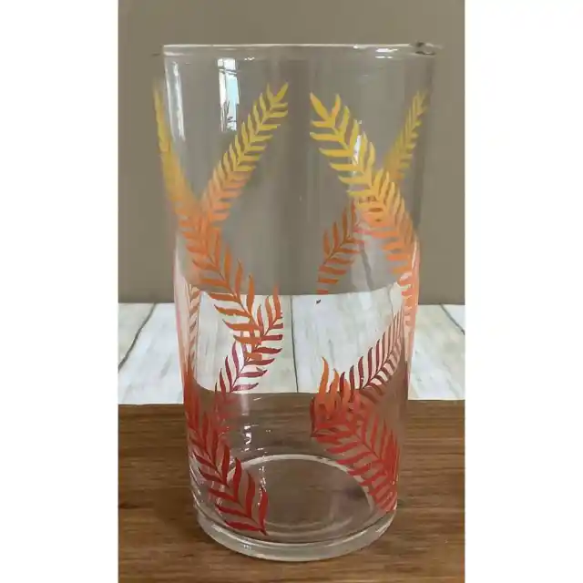 Vintage Libbey Glass Leaves Ferns Tumbler Orange Red Yellow Juice Glass