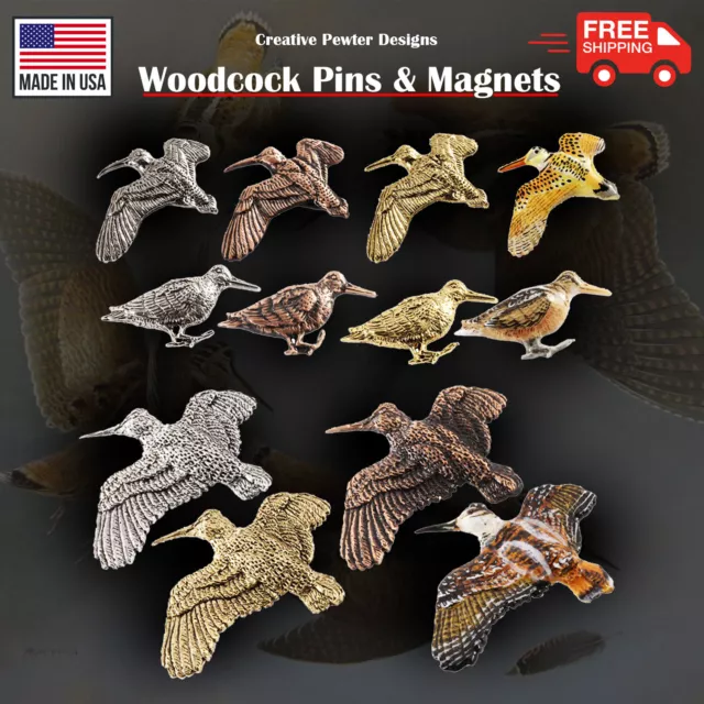 Pewter Woodcock Bird Lapel Pins & Refrigerator Magnets, 4 Colors, Made in USA