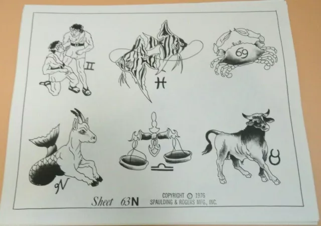 Hoja flash de tatuaje vintage 1976 RARA Spaulding & Rogers #63N signos del zodiaco Piscis