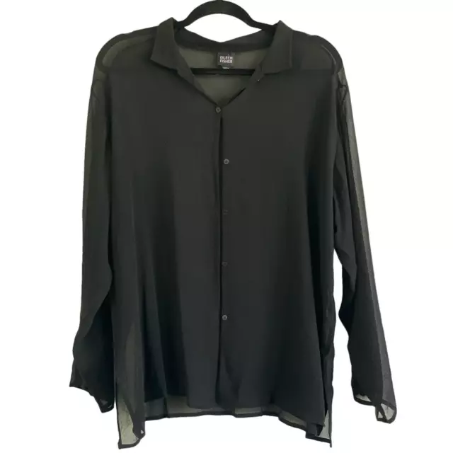 Eileen Fisher Black Silk Button Down Shirt Long Sleeve Sheer Women's Large