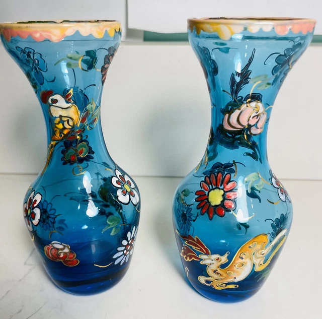 VTG Royo Spain Art Glass Enameled Hand Blown & Painted Set Bird Reindeer Vases