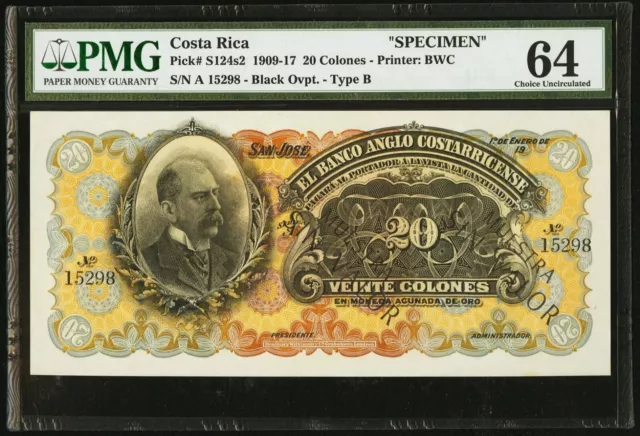 Costa Rica 20 Colones 1909-17 SPECIMEN S124s2 PMG 64 - Beautiful Note, 4 Known