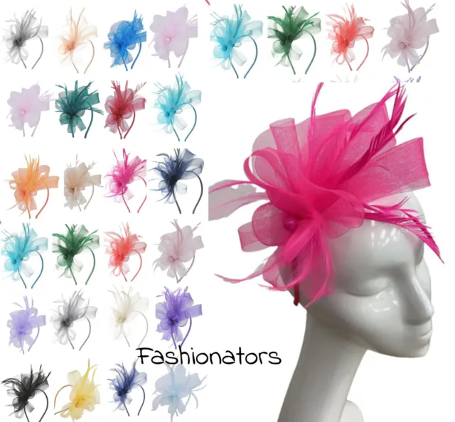 Women Flower Feathers Pearl Fascinator Headband Looped Wedding Royal Ascot Race