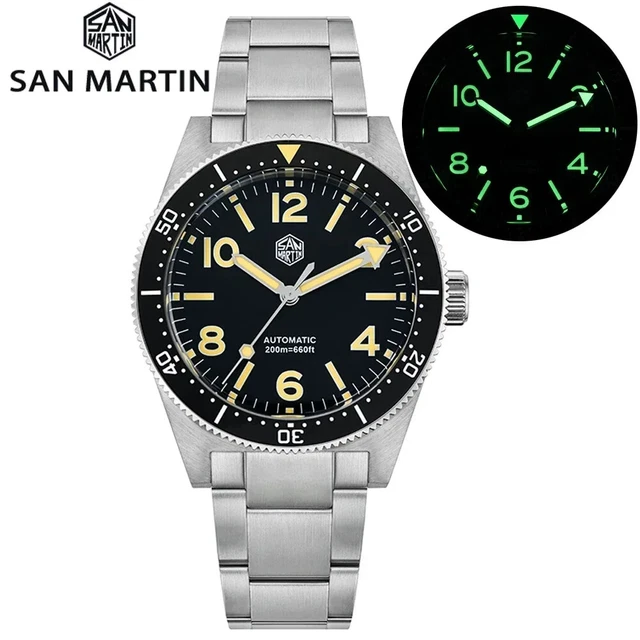 Montre Automatique San Martin Bleue - Boîtier Acier, Bracelet Nylon Noir - 10 ATM