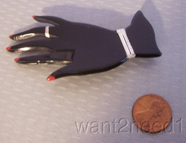 vtg French BLACK CARVED PAINTED PLASTIC HAND PIN figural lady's red fingernails!