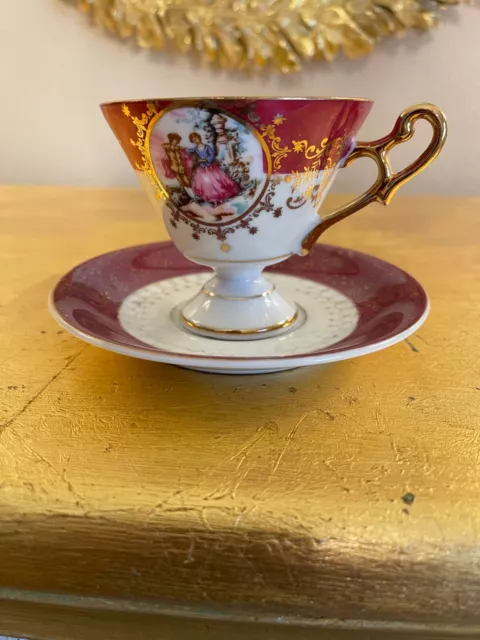Napcoware Lusterware Iridescent Teacup & Saucer C-7215, Footed Red/Gold Vintage