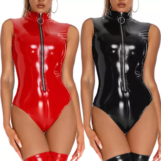 Women's Patent Leather Bodysuit Shiny Sleeveless/Short Sleeve Leotard Catsuit