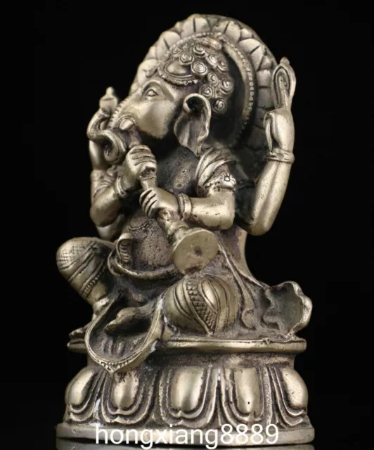 OLD TIBETAN SILVER Buddhism Sit Lotus 4 Hands Elephant Mammon God ...