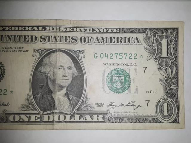$1 Dollar Bill STAR NOTE 2006 G04275722* (VG~F) Circulated Fancy Serial Number