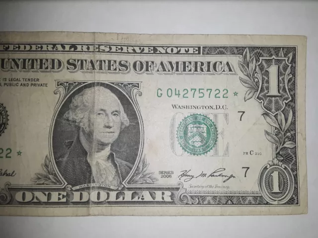 $1 Dollar Bill STAR NOTE 2006 G04275722* (VG~F) Circulated Fancy Serial Number $1 Dollar Bill STAR NOTE 2006 G04275722* (VG~F) Circulated Fancy Serial Number