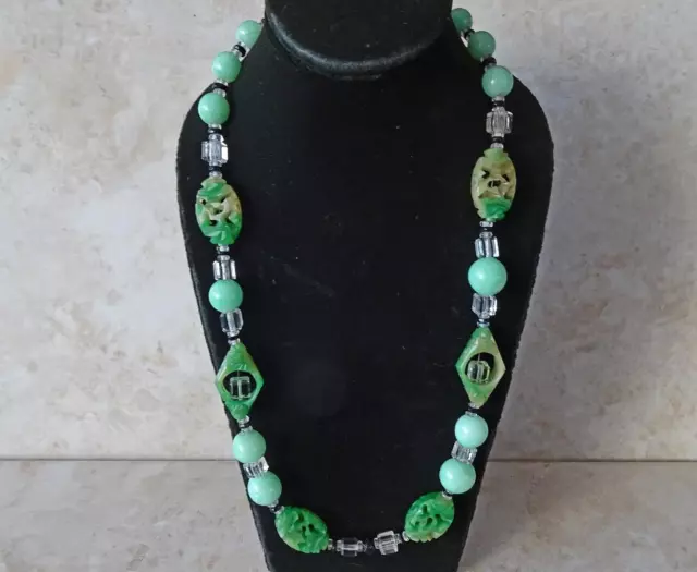 LOUIS ROUSSELET FRENCH ART DECO PEKING JADE GLASS NECKLACE with BAKELITE BEADS