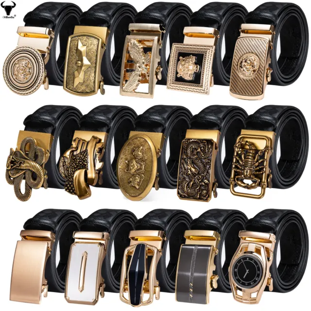 Men's Automatic RATCHET Buckle Genuine Leather Black Belts Gold Buckle Set Gift