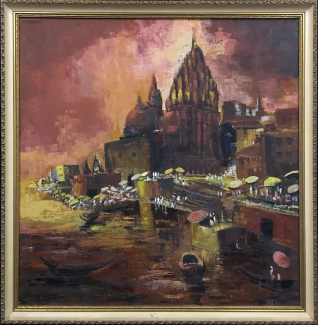 Mid 20th Century Indian School Oil On Board Landscape Painting. Signed.