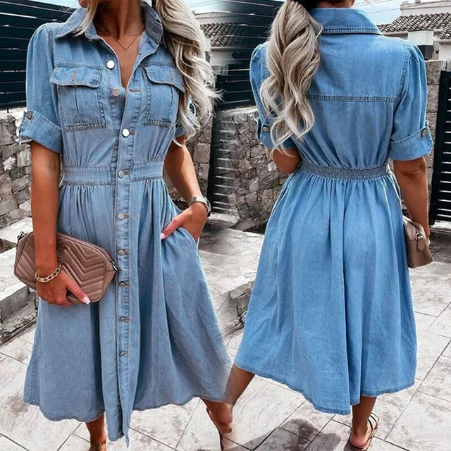 Midi Robe Jean Jeans T-Shirt Robe Col V Décontracté Manches Courtes Fem *